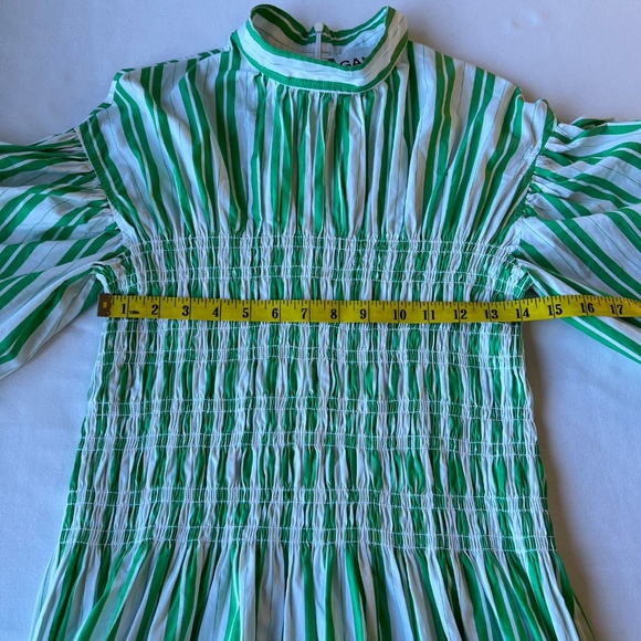 Ganni Balloon Sleeve Striped Cotton Dress with smocked middle - Picture 7 of 14